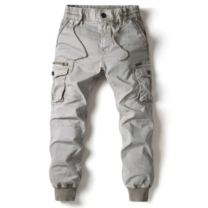 New Cotton Men’s Cargo Pants in Khaki, Black, Army, and Light Gray. Casual Tactical Joggers with Multi-Pockets for Fashion and Work Wear.